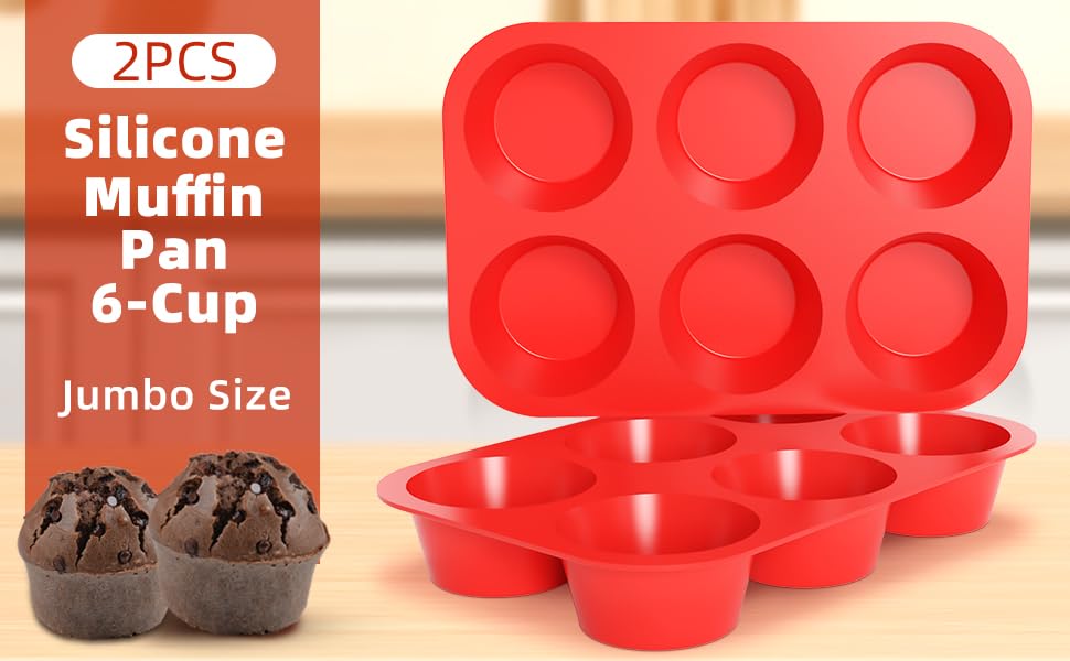 Image of CAKETIME Silicone Jumbo Muffin Pan, 3.5 Inch Silicone Texas Muffin Pan 6 Cup Large Cupcake Pan Nonstick BPA Free Silicone Molds 2 Pack Red