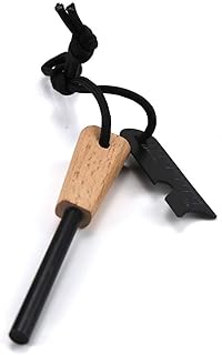 Survival Emergency Fire Starter - Wood Handle Ferro Rod with Paracord Lanyard & Striker with Bottle Opener and Ruler- Campfire, Camping, Hiking, Outdoor, Bugout, Safety Kit