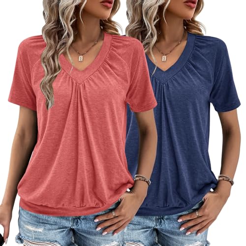 2 Pack Summer Tops for Women V Neck Shorts Sleeve Casual Ruched Tops Women T Shirts Clothes Trendy 2026