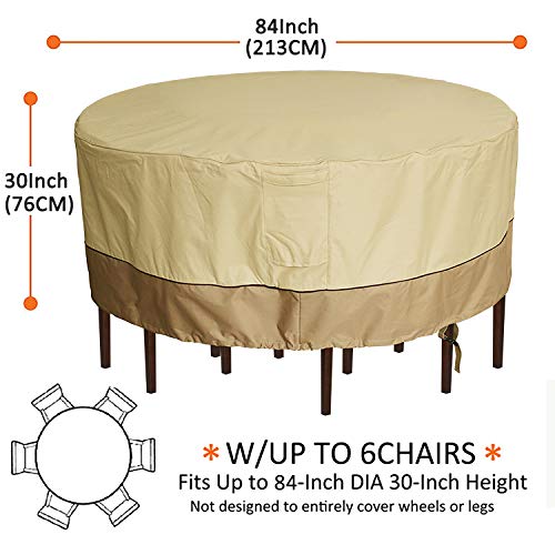 kdgarden Outdoor Round Patio Table and 6 Chairs Set Cover, Heavy Duty Waterproof 600D Large Furniture Set Cover for All Weather Protection, 84" Dia x 30" H, Beige Brown - Thumbnail 2