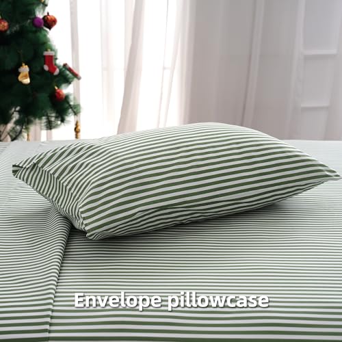 Image of Best Season Queen Size Sheet Set 4 Piece -Pinstripe Microfiber Soft Durable Bedding Sheet Set,Deep Pocket,Stain,Fade & Wrinkle Resistant (Stripe Grass Green)
