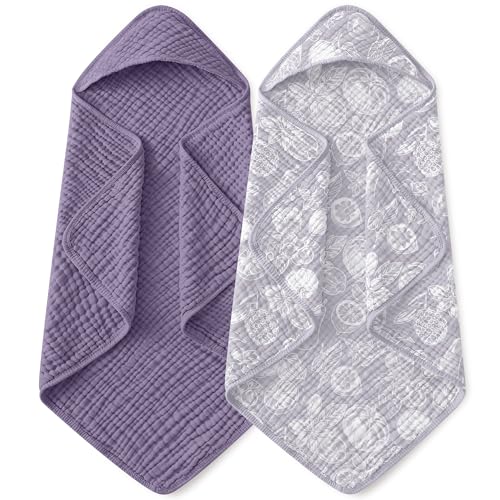 Image of Yoofoss Hooded Baby Towels for Newborn 2 Pack 100% Muslin Organic Cotton Baby Bath Towel with Hood for Babies, Infant, Toddler and Kids, Large 32x32Inch, Soft and Absorbent Newborn Essential