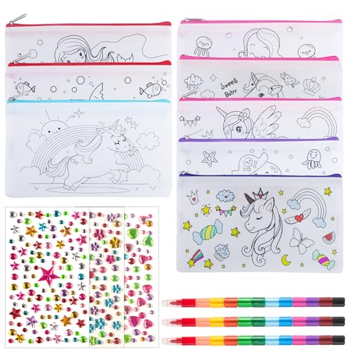 8 Stück Einhorn Federmäppchen Zum Bemalen für Kinder mit Buntstifte...