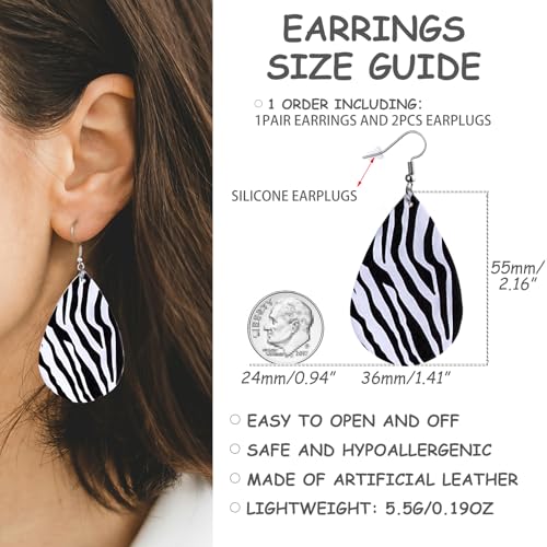 Zebra Print Earrings for Women Black and White Leather Teardrop Dangle Drop Jewelry Outfits Accessories2
