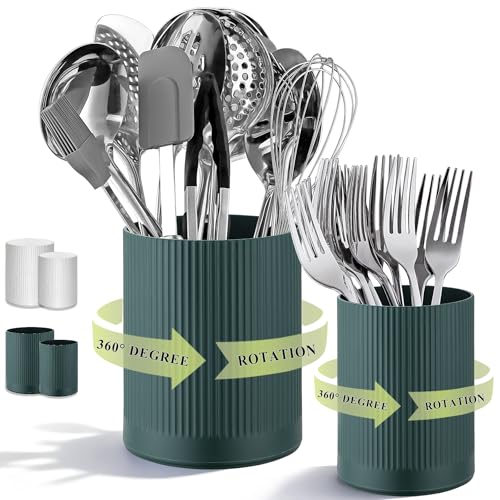 HOMQUEN 360 ° drehbarer Geschirrhalter, 16 + 12cm Tischplatte Kunststoff Küchenutensilienhalter, Küchendekoration mit großer Kochgeschirrschalle, küchenutensilienhalter, 2 Stück (Grün)