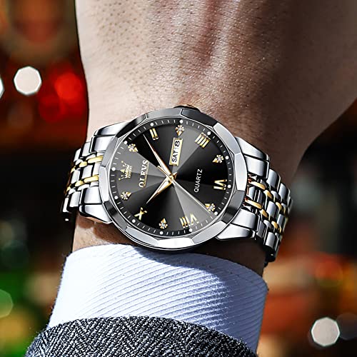 Olevs YPF-S-G9931GJ-JH Watch For Men Diamond Business Dress Analog Quartz Stainless Steel Waterproof Luminous Date Two Tone Luxury Casual Wrist Watch Black thumb #6