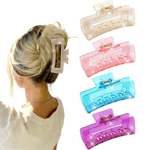 SEMATA 4Pcs Glitter Large Claw Hair Clips for Women Pink Square Big Claw Clips for Thick Thin Hair Blue Acrylic Banana Clip Strong Hold Fashion Hairs Accessories for Women