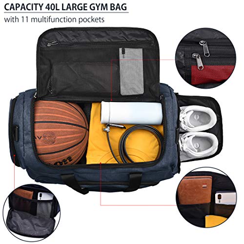 Gym Duffle Bag Waterproof Large Sports Bags Travel Duffel Bags with Shoes Compartment Weekender Overnight Bag Men Women 40L Grey Blue