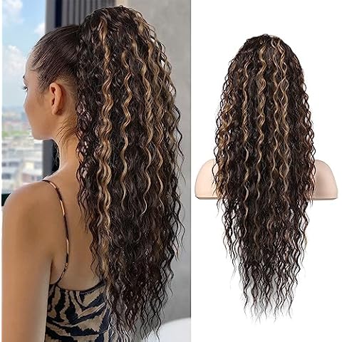 SEIKEA Ponytail Extension, PT005 Isabella 26" Long Bohemian Curly Highlight Drawstring Ponytail Multi Layered Light Fluffy Clip in Hair Extensions Ponytail Chocolate Brown Caramel Blonde Highlights Cover