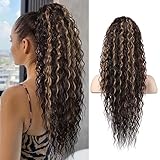 SEIKEA Ponytail Extension, PT005 Isabella 26' Long Bohemian Curly Highlight Drawstring Ponytail Multi Layered Light Fluffy Clip in Hair Extensions Ponytail Chocolate Brown Caramel Blonde Highlights