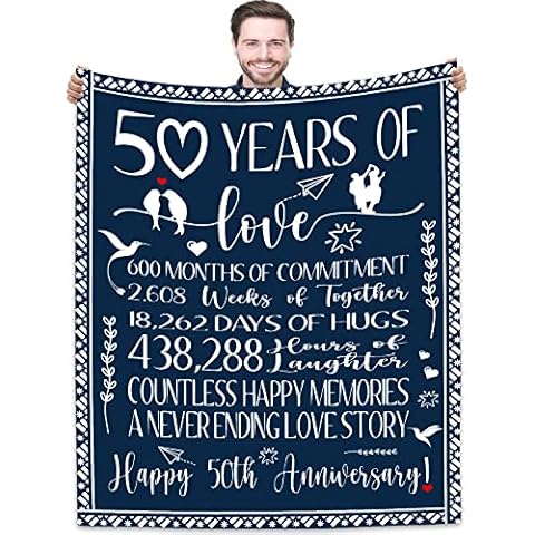 Joyloce 50 Years of Love Wedding Anniversary Blanket Gift for Mom Dad Grandparents 60x50 Inches | 50th Fiftieth Golden Anniversary Celebration Throw Blankets | Couple Birthday Gifts from Wife Husband Cover