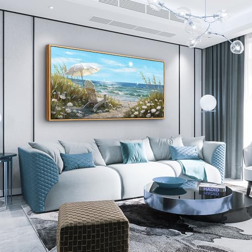 ERQINHUA Large Canvas Wall Decor For Living Room Wall Art For Bedroom Office Decor Blue Sea Ocean Paintings Beach Chair Wall Pictures Artworks Modern Home Decor Ready To Hang 30x60 In Wood Framed