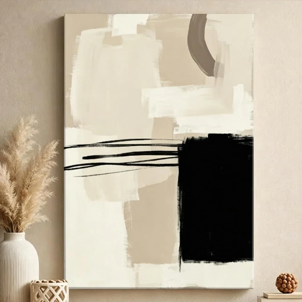 Cuadro decorativo de pared en lienzo con pinceladas en tonos beige y negro para interiores minimalistas (60x80cm/Con marco)