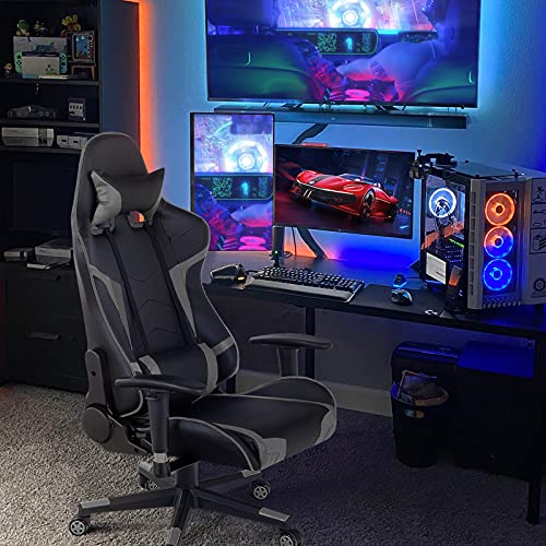 GYMAX-Gaming-Chair-Massage-Gaming-Chairs-for-Adults-with-Headrest-Lumbar-Support-Armrest-Video-Computer-Reclining-Gaming-Chair-Office-Desk-Gamer-Task-Chair-Grey GYMAX Gaming Chair Massage Gaming Chairs for Adults with Headrest Lumbar Support Armrest Video Computer Reclining Gaming Chair Office Desk Gamer Task Chair Grey