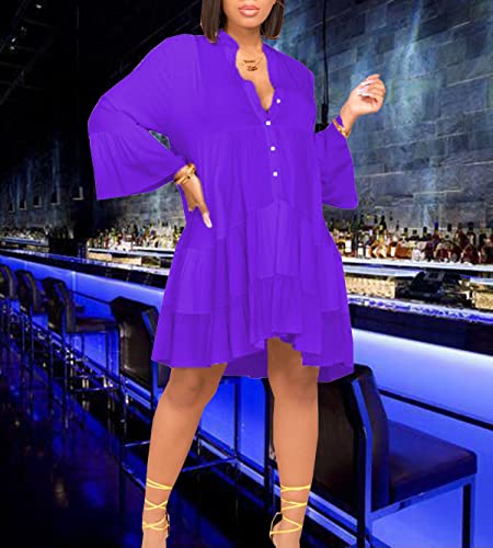 Image of FairyLove Women Wedding Ruffle Dresses Flowy Puffy with Deep V Neck Pleated Hem Lantern Long Sleeve Bell Sleeves