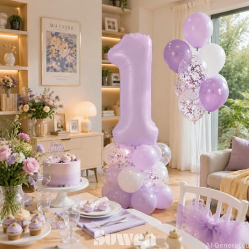 Image of SUWEN 40 Inch Light Purple Large 1 Balloon Number Big Foil Helium Lavender Number Balloons Huge Mylar 0-9 Giant Jumbo Happy 1st Birthday Party Anniversary Decorations