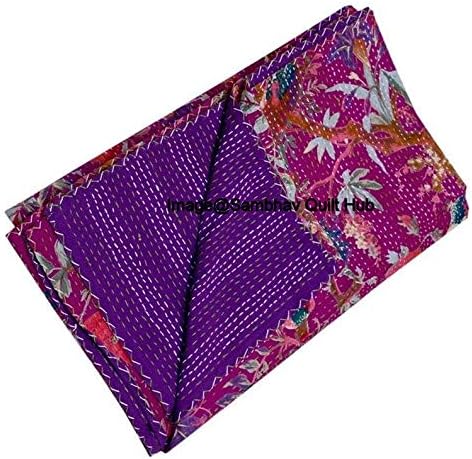 Queen/Twin/King Purple Handmade Bird Home Decor Bed Bohemian Bird Queen Bedspread Handcrafted Handmade Quilt Kantha Bird Print Cover Unique Blanket Bedding Quilt (90X108 inch)