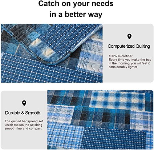Quilt Set Queen Size Bedspread Coverlet Blue Plaid Patchwork Quilt Bedding Mens Boys Quilts Queen Bed Home Reversible Quilt Bedspread Lightweight Coverlet Soft Microfibers Quilt Set All Season #TOP5