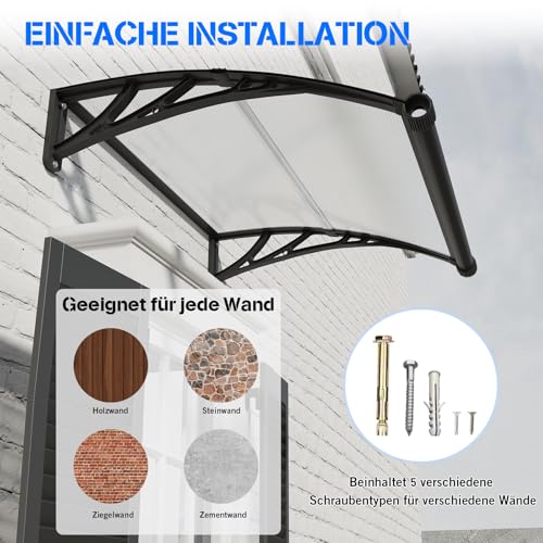 Vordach für Haustür,300x80cm Fenstervordach mit separater Entwässerung, Polycarbonat Pultvordach Überdachung für UV-, Regen- und Schneeschutz – Ideal für Veranda, Terrasse und Fenster