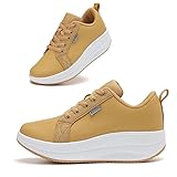 Women’s 2 Inch Rocker Sole Platform Walking Shoes, Leather Upper Sneakers for Comfort, Casual Elevated Shoes for Work, Travel & Daily Wear Leather Yellow 9
