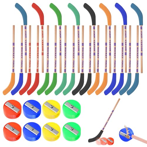 LEKEFETO 24 Stück Bleistift Hockey mit Radiergummi: Hockey-Bleistifte mit 8 Mini Bleistiftspitzern, Eishockey-Bleistifte Kinder Mitgebsel Belohnungs, für Kinder Studenten (Zufällige Farbe)