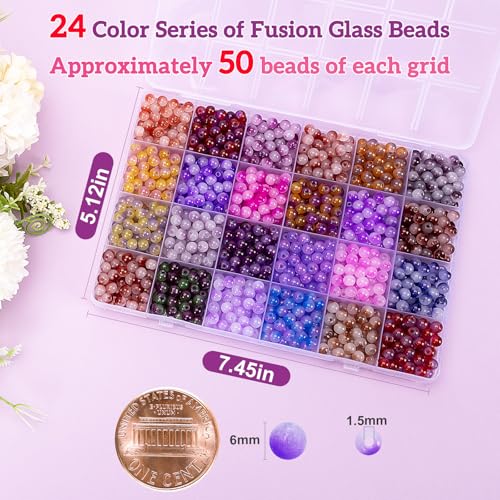 Image of XSEINO About 1200+ pcs 6mm Glass Beads Bracelet Making Kit, 24 Assorted Purple Bi-Color Fusion Series Crystal Beads for Jewelry Making, DIY Crafts, Friendship Bracelets