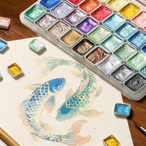Metallic Watercolor Painting Set 48 Color Shifting Glitter Watercolour Solid Paint Box Shimmer Travel Watercolour Set with Pen Soluble and Mix Well Watercolour Paint for Kids Beginner&Professional