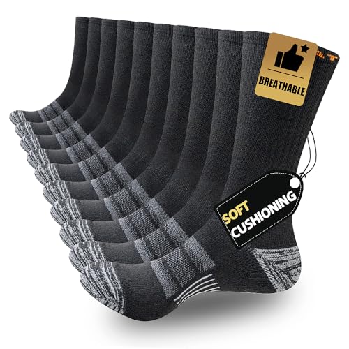 Image of JOYNÉE 5 Pairs Mens Lightweight Athletic Crew Cushioned Breathable Work High Calf Long Boot Socks,Black,Sock Size:10-13