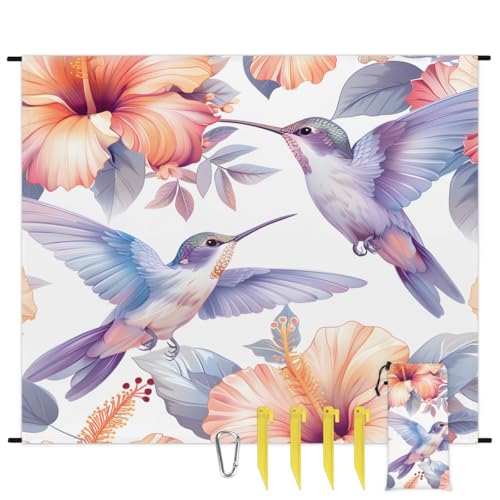 Eabrults Waterproof Sandproof Beach Blanket, 59''×68'' Bird-Hummingbird Polyester Outdoor Picnic Blanket with 4 Stakes & Storage Bag for Beach,Camping,Vacation Purple