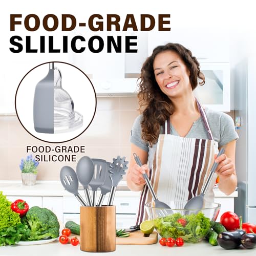 Image of 5Pcs Silicone Cooking Utensils Set, Heat Resistant Kitchen Tools Include Solid&Slotted Spatula, Cooking Spoon and Pasta Server, Silicone Kitchen Utensils set for Nonstick Cookware Flipping, Gray