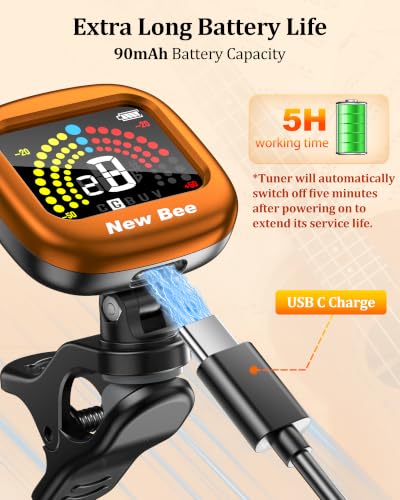 Image of New bee Guitar Tuner Rechargeable, Color Screen Clip On Tuner (Orange, 1 Pack) | 360 Rotatable, Fast & Accurate Chromatic Tuning, for Guitar, Bass, Ukulele, Violin, Cello