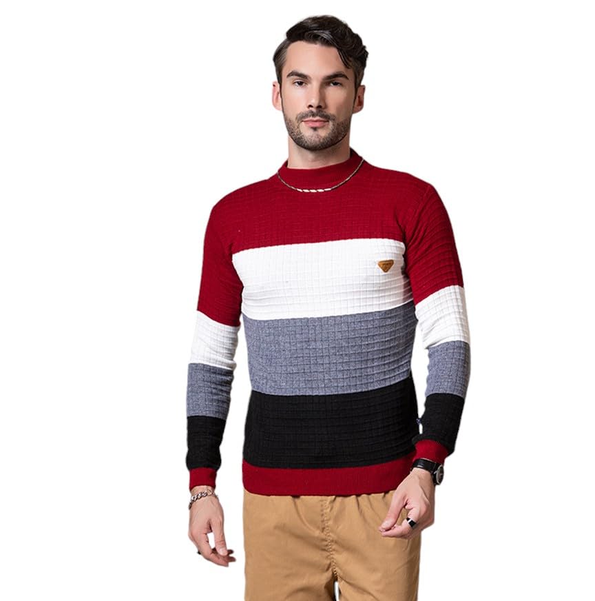 Style Dusk Mens Color Block Regular Fit Round Neck Woolen Sweater for Winter