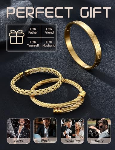 YADOCA 3Pcs Stainless Steel Bracelets for Men Roman Numeral Bangle Bracelet Adjustable Cuff Bracelet Twisted Cable Bracelet Mens Luxury Bracelets Jewelry Gifts Gold/Silver/Black - Image 6