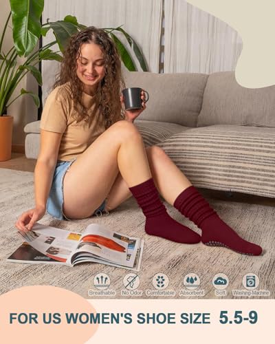 Image of yeuG Pilates Grip Socks for Women Yoga Slouch Socks with Grip for Barre Knee High Boot Socks Long Scrunch Slipper Socks