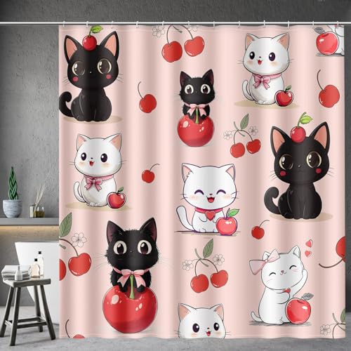 Aimego Cute Cat Shower Curtain Kawaii Kitty with Red Cherry Anime Style Animal Pattern Girly Kids Bathroom Decor Bathtub Curtain Fabric Shower Curtain Set with 12 Hooks, 72"x72" Pink