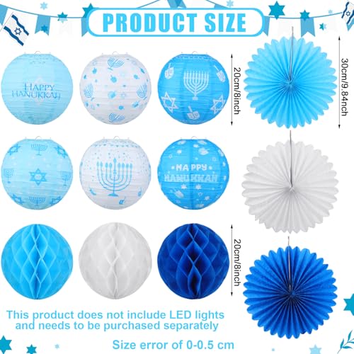 Image of Retisee 18 Pcs Hanukkah Party Decoration Happy Hanukkah Paper Lanterns with Candlestick Dreidel Blue White Hanging Paper Fans Honeycomb Balls Chanukah Home Ornament for Jewish Party Decor