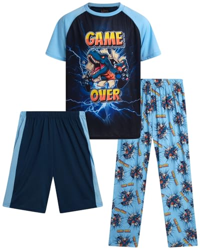 Quad Seven Boys Pajamas Set - 3 Piece Short Sleeve Sleep Shirt Pull On Lounge Shorts and Boys Pajama Pants for Kids (8-18), Size 16-18, Light Blue Gamer