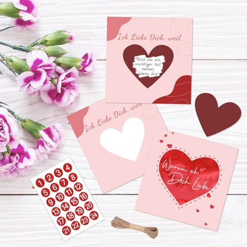 Adventskalender Liebe Karte - Ich Liebe Dich, Weil... Adventskalender Karte Partner mit 24 Zahlenaufkleber, 24 rubbel, Kordel und Holzklammern, Liebesgeschenke für Weihnachten