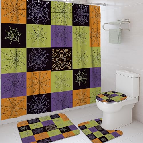 Set di 4 tende da doccia con ragno per Halloween, viola, arancione, verde, tappetino da bagno, accessori per la decorazione del bagno, tenda da doccia moderna in tessuto impermeabile con ganci, 182 x