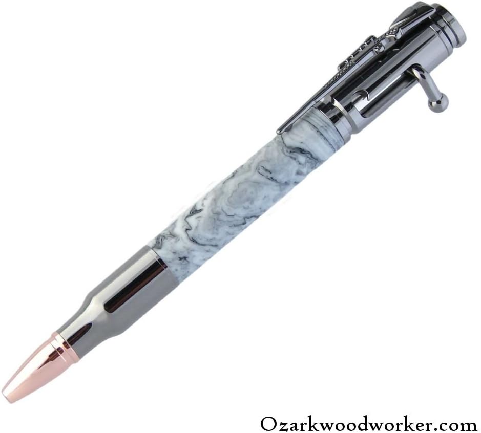 Black White Gun Metal 30 Caliber Bullet Bolt Action Custom Handmade Acrylic Ballpoint Hand Turned