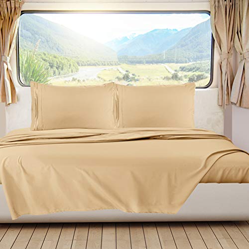 Image of Nestl Camel Gold Short Queen Sheets for RV, Hotel Luxury RV Queen Sheets Set, 6 Piece Fitted Bed Sheet Set and Pillowcases, Super Soft, Wrinkle-Free, and Breathable Camper Bedding
