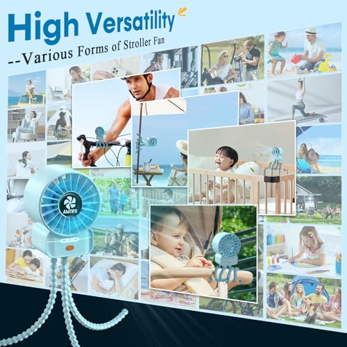 Image of AMTIFO Blue Baby Fan - USB Rechargeable, Quiet, Adjustable Speed, Portable Cooling Fan for Baby Stroller, Car Seats, Nurseries, and Outdoor Activities - Long Battery Life, Turbo Airflow