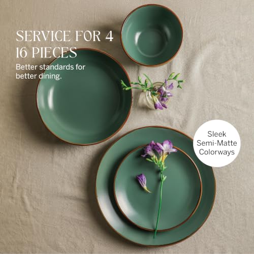 Image of Stone Lain Brasa Modern Stoneware 16 Piece Dinnerware Sets, Plates and Bowls Sets, Dish Set for 4, Green