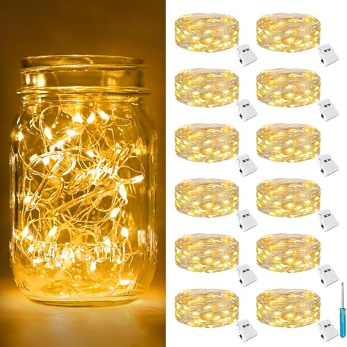 Image of LITVERSE 12 Pack Fairy Lights Battery Operated [3 Modes], 7ft 20 Led Twinkle Lights String Lights Waterproof Bulk Small Mini Silver Wire for Mason Jars Vases Wedding Table Centerpiece