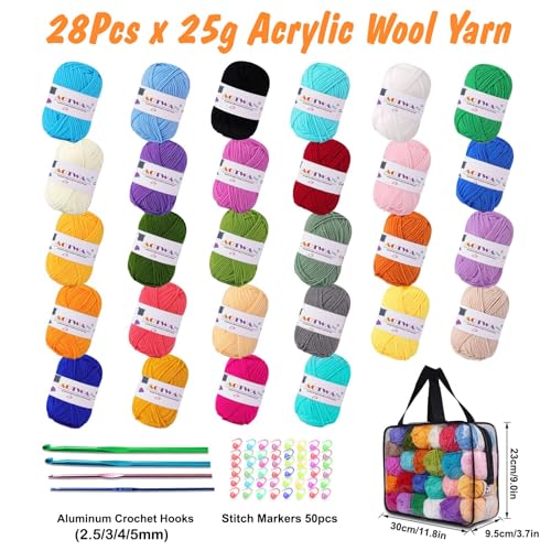 AOTWAN Crochet Yarn Knitting Wool 28Colors x 25g Acrylic Yarn Crochet Wool with Aluminum Crochet Hooks Stitch Markers Yarn for Crochet Kits for Beginners Adults Wool for Crochet Knitting and Crafts - Image 2