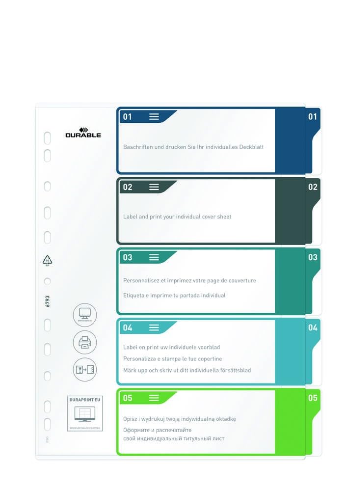 Durable Index Set 1-5 A4+ Portrait - Writable Index Organisation Sheet - 100% Recyclable - Perfect For Organising A4 Documents - Multicoloured