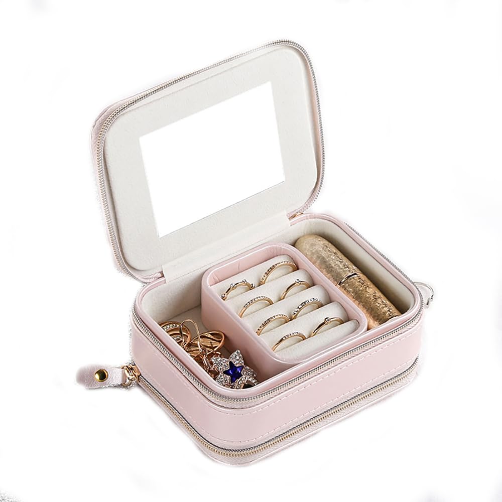 GenericJewelry Box, Compact Travel Jewelry Organizer, Small Jewellery Box for Women, Zippered Portable Jewelry Storage Case with Mirror for Traveling, Daily Use and Gifts