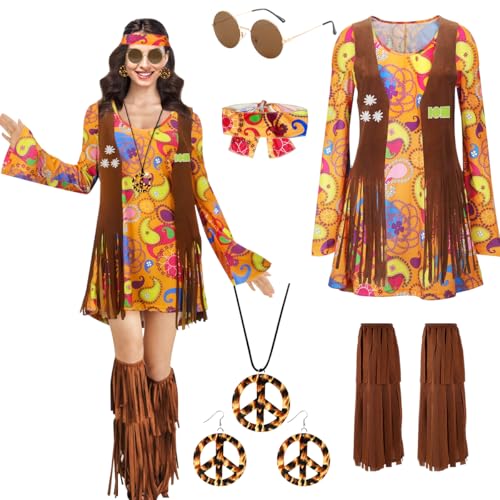 TOLOYE 70s Fancy Dress Women, Hippie Costume Outfit with Fringe Vest Boho Headband Necklace Set, 60s Disco Retro Hippy Clothes for Carnival Cosplay Party