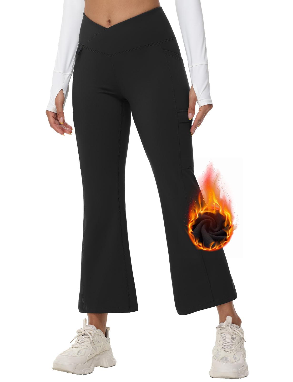 baleaf Pantalon de Yoga Thermique pour Femme Coupe Bootcut avec Poches Doublure en Polaire Taille Haute Pantalon Relaxation Gym Travail