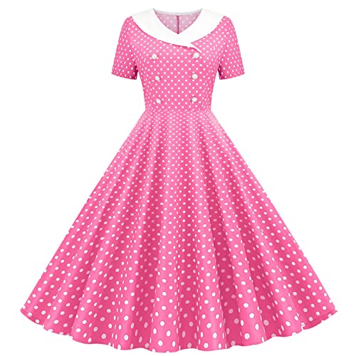 AnnSemo Vestido retro de los años 50 para mujer, vestido de manga corta con cuello en V y botones, vestido acampanado con estampado de lunares, vestido vintage elegante de cintura alta, vestido de